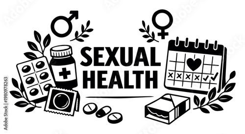 Sexual health concept showing icons of contraception, pills, calendar, and gender symbols, representing reproductive wellness and healthcare