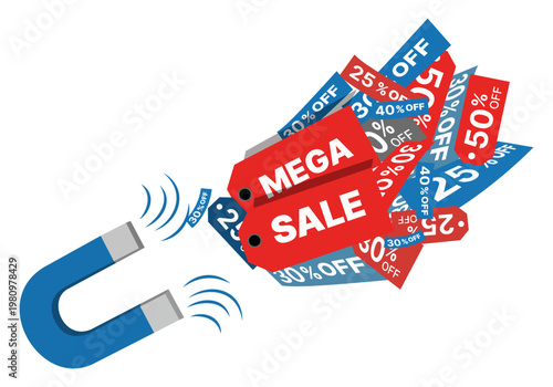 Mega sale shopping concept with blue magnet collecting flying discount price tags