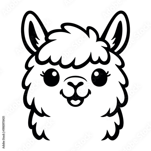 Cute llama or alpaca head in a flat character drawing style. Adorable simple cartoon character, black and white illustration