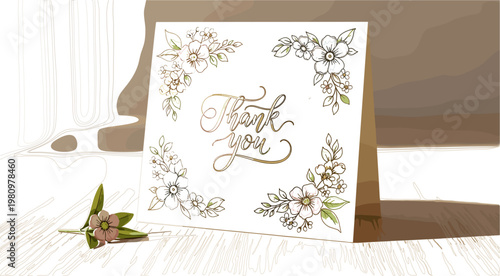 Thank You Greeting Card Vector Illustration with Floral Decoration Elegant Typography and Handwritten Calligraphy Design for Wedding Invitation Appreciation and Celebration Cards