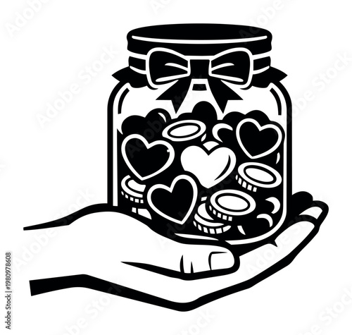Open hand holding a glass jar filled with hearts and coins, representing a conceptual illustration of charitable giving and generosity