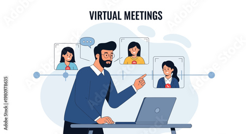 Virtual Meetings: Man leading online conference with participants on laptop screen