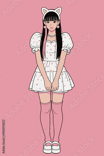 Stylish Young Girl in Kawaii Fashion Illustration