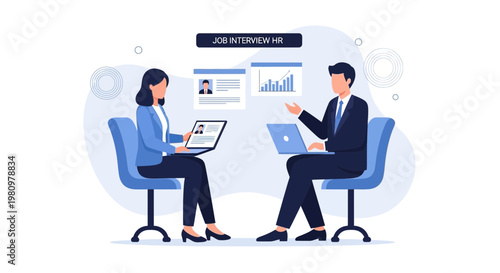 Job Interview HR: Candidate and Recruiter Discussing Career Opportunities with Laptops