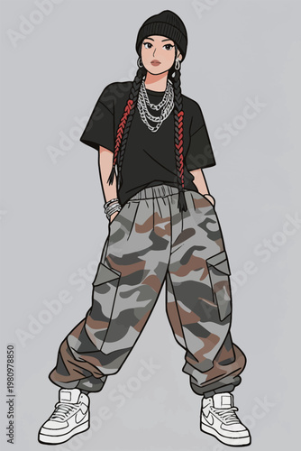 Young Fashionable Woman in Camouflage Outfit Illustration