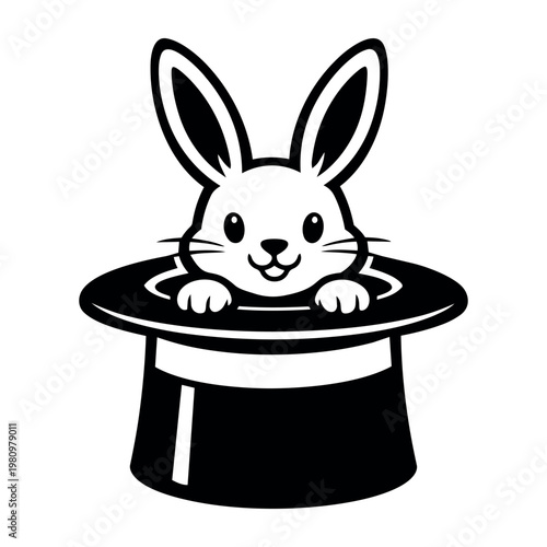 Cute rabbit emerging from a black top hat, representing magic, illusion, and performance. Simple black and white graphic