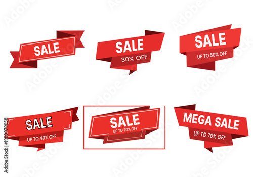Red mega sale ribbon banner collection with various discount percentages