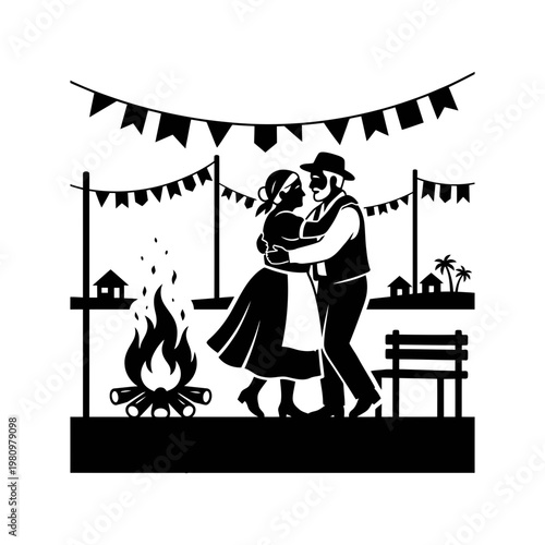 Silhouette couple dancing by campfire under festive bunting