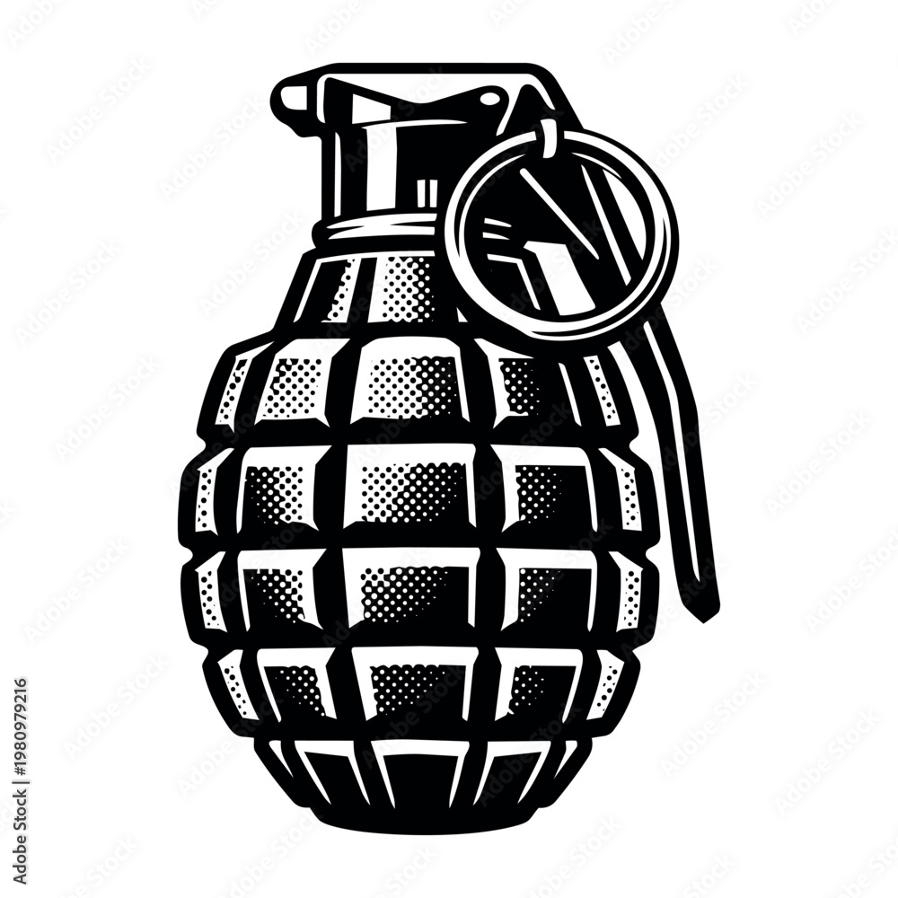 Obraz premium Hand grenade in black and white style, symbolizing weapon, explosion, and armed forces for security and protest concepts