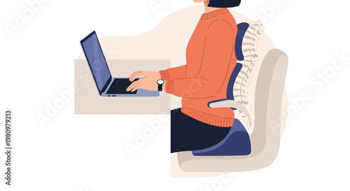 Woman sitting at desk with laptop, correct posture, ergonomic chair cushion, spine support