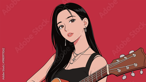 Young Woman Playing Guitar Illustration with Long Hair