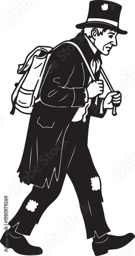 Black and white illustration of a weary 1800s man in tattered clothes, wearing a top hat and carrying a heavy sack.