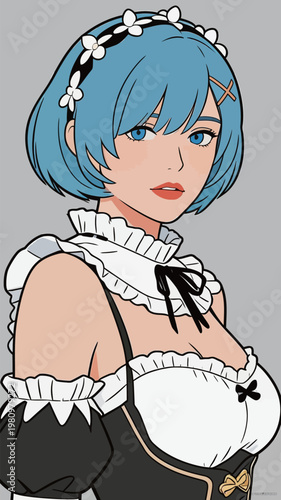 Anime-style Girl with Short Blue Hair and Maid Outfit