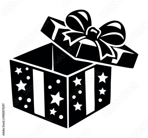 Open gift box decorated with stars and dots, revealing an empty interior. Ribbon bow adorning the tilted lid
