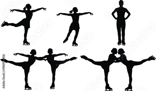 Collection of black silhouettes featuring male and female figure skaters performing graceful ice skating poses and artistic movements isolated on a white background