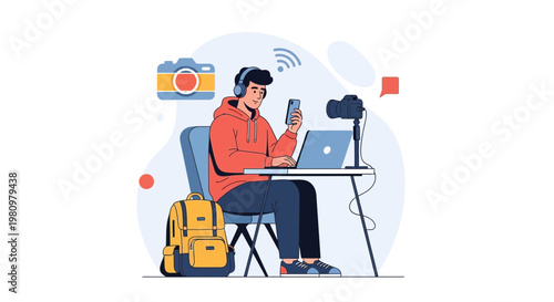 Young man creating content with laptop, camera, and smartphone, modern workspace