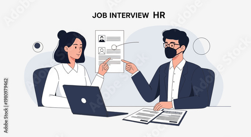 Job Interview HR: Candidate and Recruiter Discussing Resume with Laptop