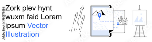 Travel planning, navigation, technology tools, growth analytics, digital design, creativity. Tablet showing map with route, arrows and an easel. Navigation and technology tools concept