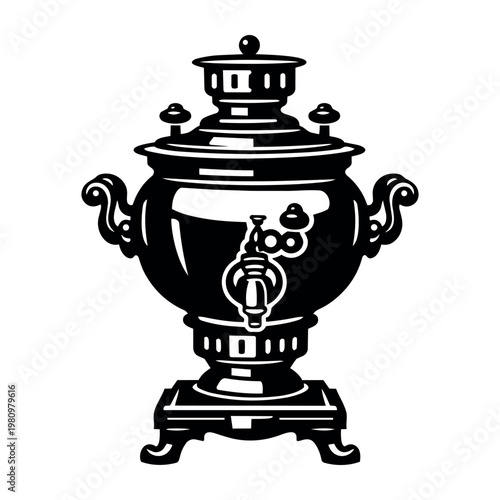 Samovar symbolizing Russian tea tradition. Vintage boiling kettle providing hot water for drinking, cultural kitchenware art