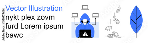 Cybersecurity, digital currency, environment, online privacy, blockchain, hacking prevention. A hooded figure with a laptop, falling digital coins and a blue leaf. Cybersecurity and digital currency