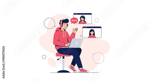 Young man in headphones video calling with colleagues on laptop, remote work concept