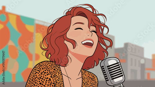 Red - haired Woman Singing with Microphone