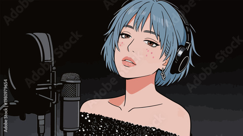 Anime-style Woman Singing with Microphone
