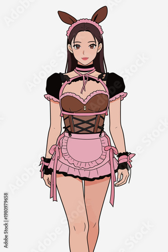 Anime Girl in Pink Bunny Maid Outfit Illustration
