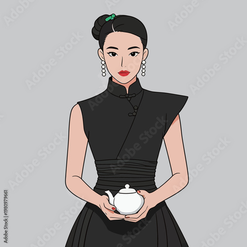 Illustrated Fashion Woman Holding White Teapot