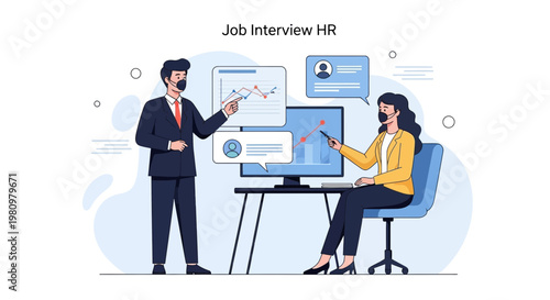 Job Interview HR: Man and Woman Discussing Charts on Computer Screen
