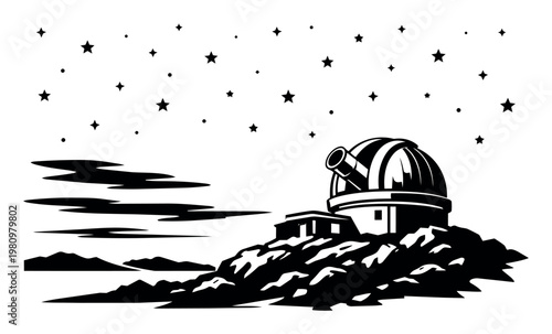 Observatory dome on a mountain top with a telescope, observing celestial bodies in the starry night sky for scientific research