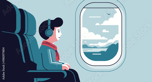 Man in airplane seat with headphones looking out window at landscape