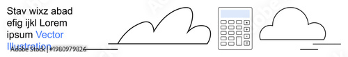 Financial planning, cloud technology, data analytics, digital tools, minimalism, calculation. Black outline of a calculator and clouds. Financial planning and cloud technology concept