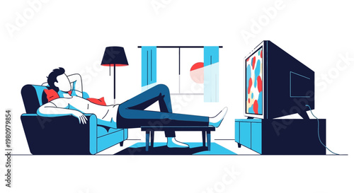 Man relaxing on sofa watching television in modern living room