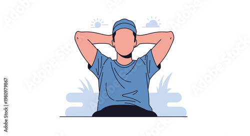 Man relaxing with hands behind head, enjoying morning sunshine, illustration