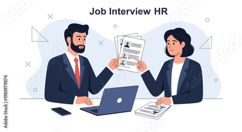 Job Interview HR: Man and Woman Discussing Resumes with Laptop