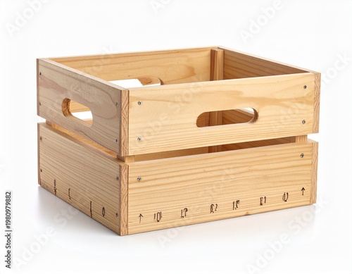 Wooden crate box with dimensions illustration, natural storage container isolated on white background, simple rustic furniture concept