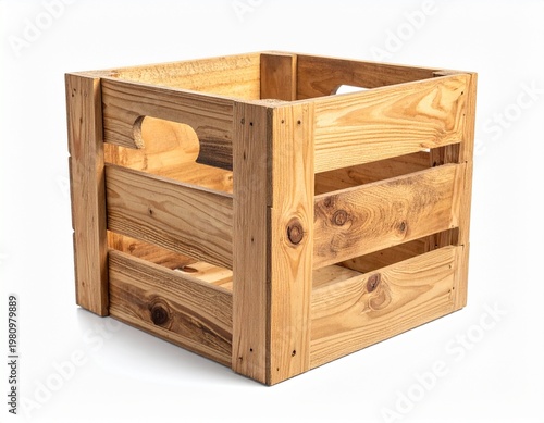 Wooden crate box with dimensions illustration, natural storage container isolated on white background, simple rustic furniture concept