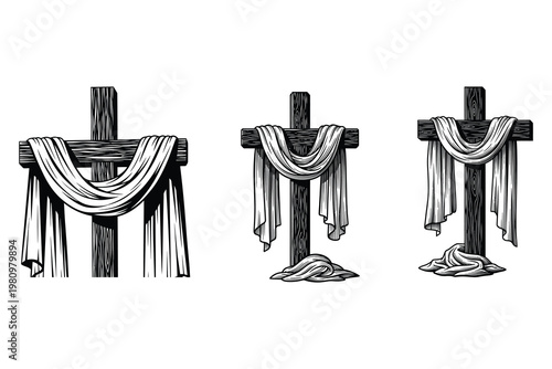 Three vintage crosses with draped cloths a black and white sketch