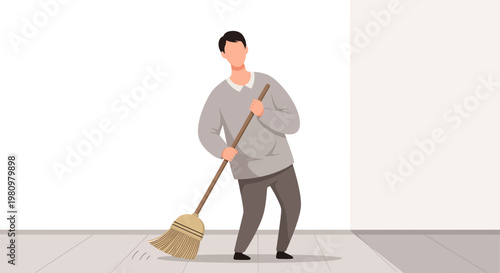 Man Sweeping Floor with Broom, Domestic Chores, Housework Illustration