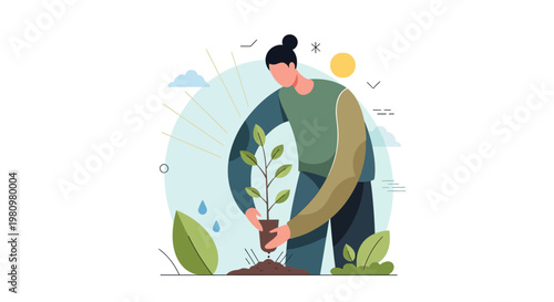 Person planting a small tree in fertile soil, environmental concept illustration