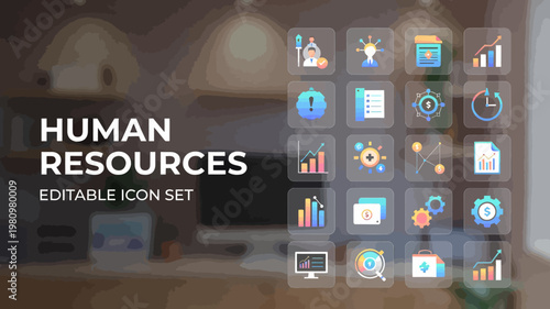 A contemporary glassmorphism style human resources icon set is attractively presented on a soft, blurred office background.