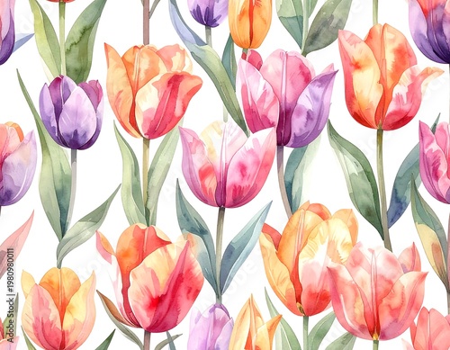 Watercolor tulips in pink, orange, and purple colors on a white background form a pattern