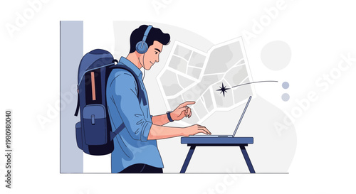 Young man with backpack and headphones planning travel route on laptop and map