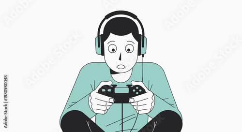 Surprised Gamer with Headphones Playing Video Game