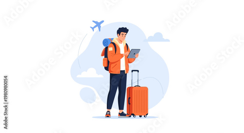 Young man with backpack and suitcase checking tablet, ready for travel, airplane in background