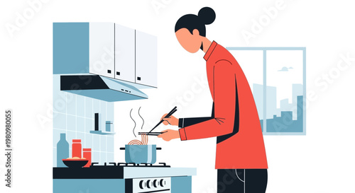 Woman Cooking Noodles in Kitchen - Flat Design Illustration