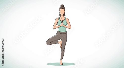 Woman doing yoga tree pose, mindful balance, healthy lifestyle illustration