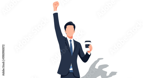 Konstfotografi Successful businessman celebrating with coffee cup, raised fist, isolated on whi