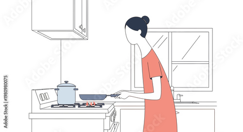 Woman cooking in kitchen, preparing food on stove in minimalist illustration style